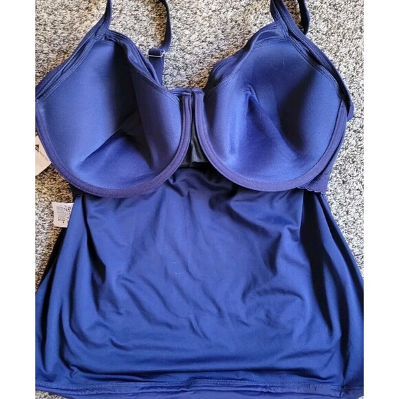 Swim Top Navy 16W DD Solid Wrap Front Tummy Control 1X Underwire Lands End S858 - Picture 6 of 10
